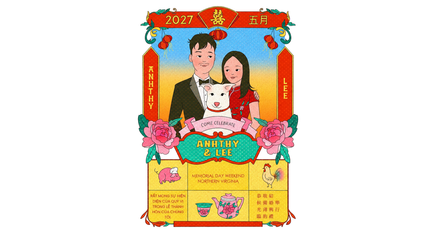 Illustrated invitation for Anhthy and Lee's Memorial Day weekend wedding in Northern Virginia.